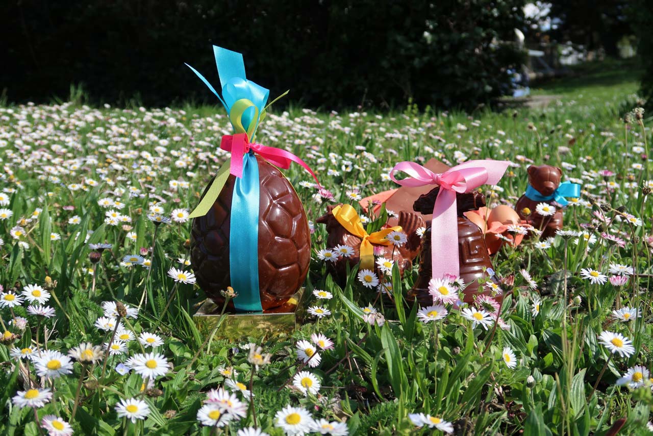 Chasse aux œufs de Pâques en Dordogne avec œufs et figurines en chocolat décorés de rubans, disposés dans une prairie fleurie au printemps.